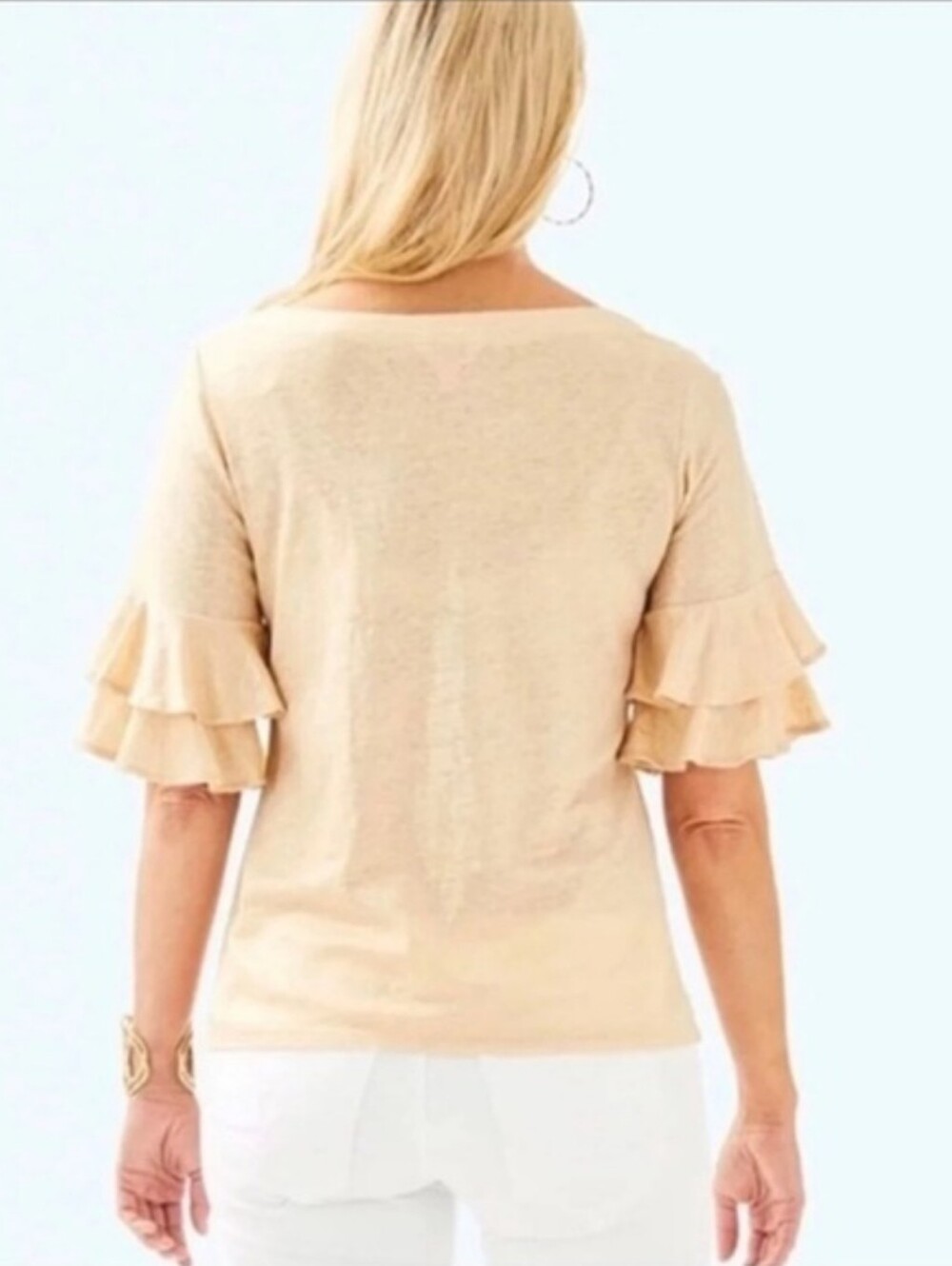Lilly Pulitzer Lula Sand Dune Metallic Gold Linen Top Flounce Sleeve - Picture 2 of 13
